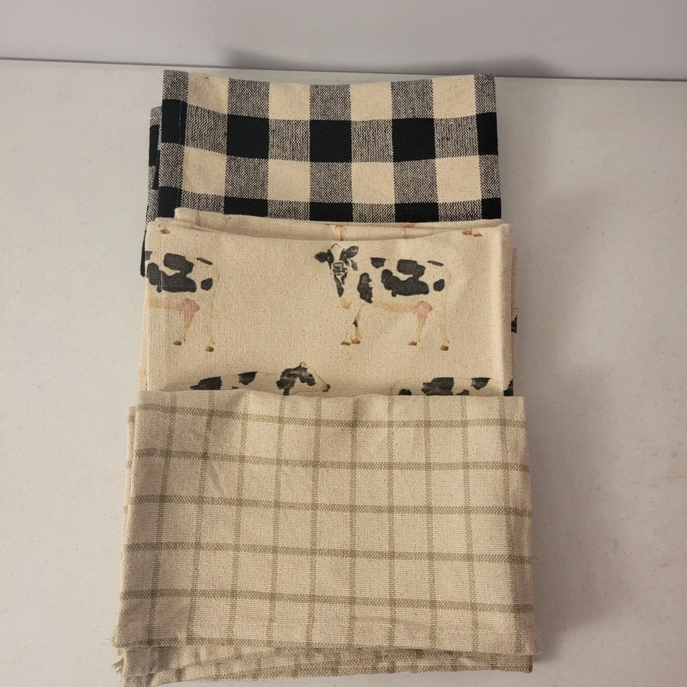 Mud Pie Kitchen Towel Set-3 Multicolor Farmhouse Cow Plaid Buffalo Check  28x21
